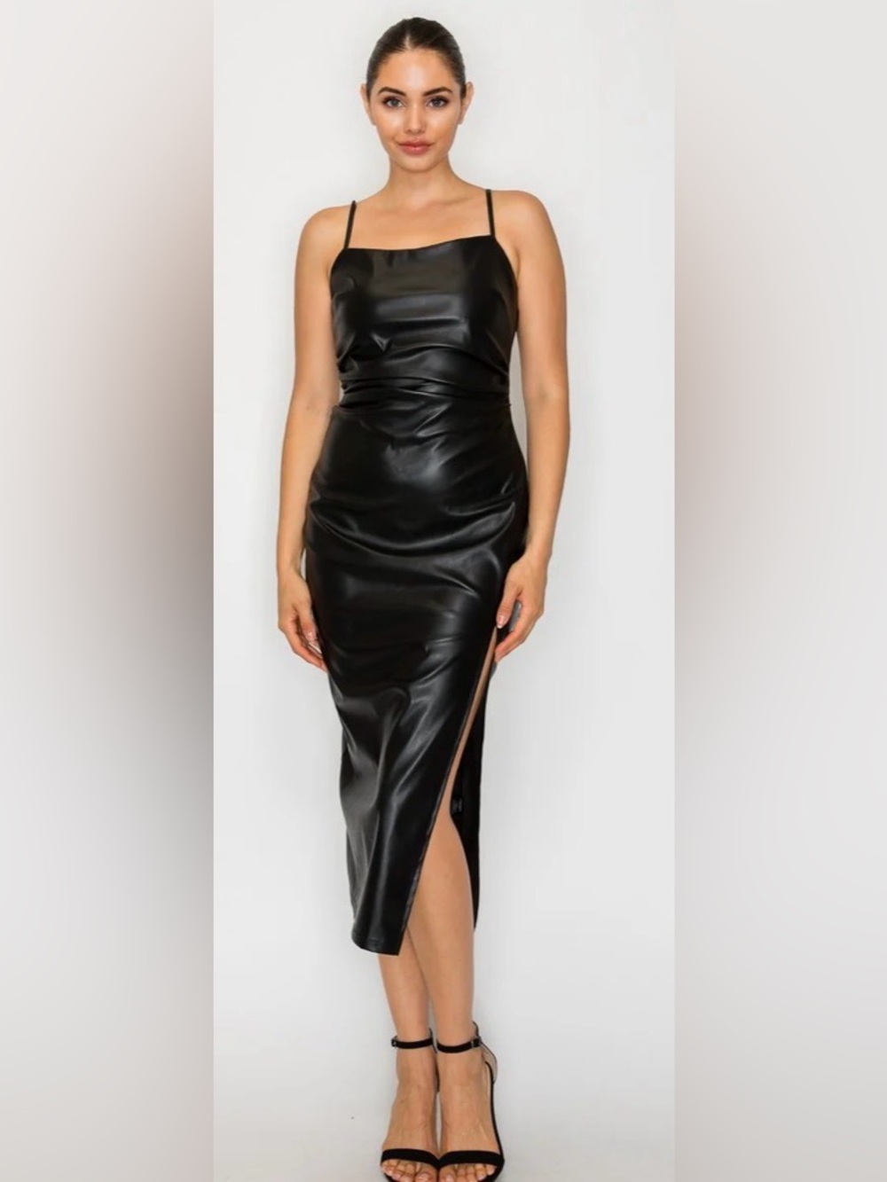 Self Esteem Black Faux Leather Midi Slip Dress with Side Slit
